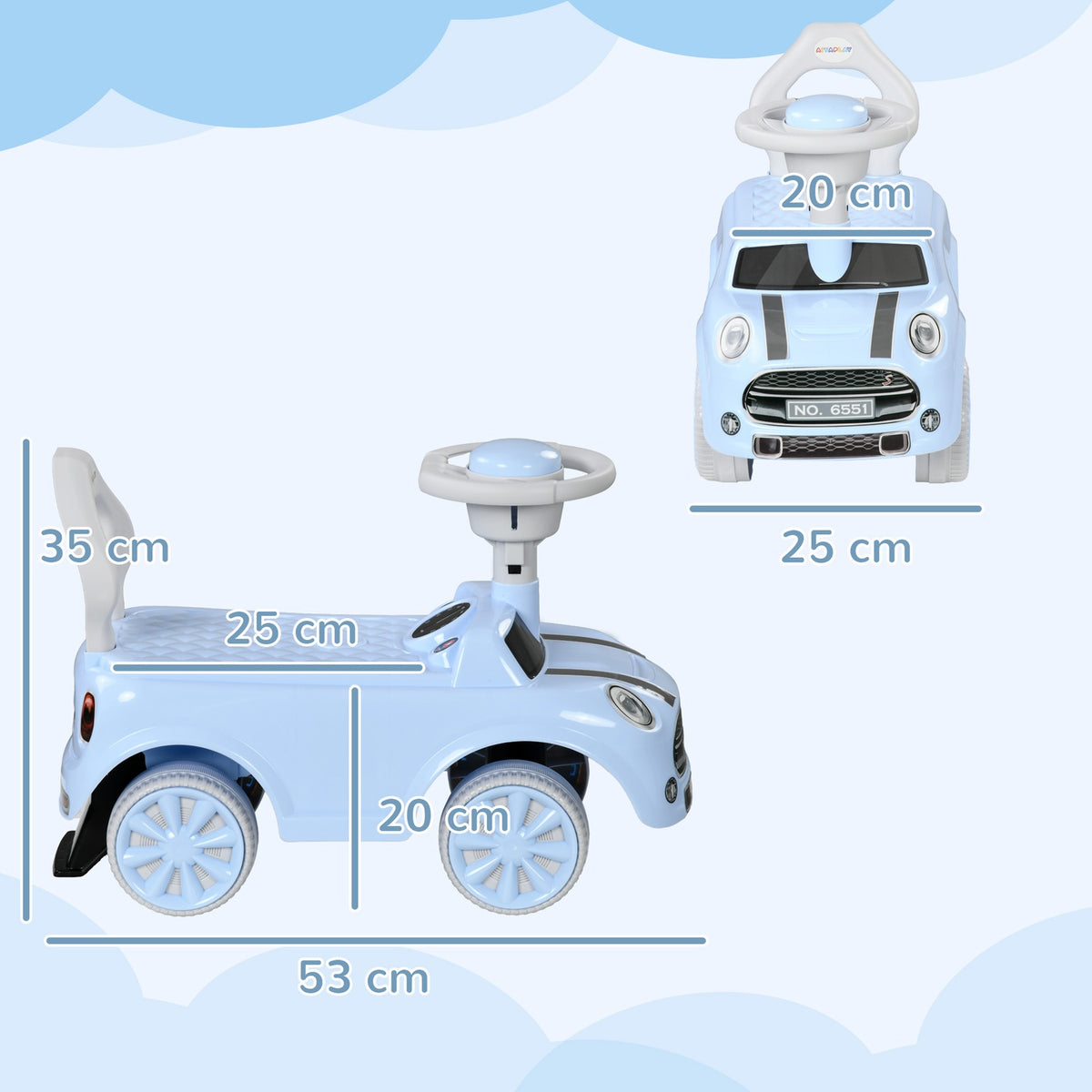 Children's ride-on car, children's vehicle, children's car, ride-on vehicle with tip protection, ride-on for children, light blue, 53 x 52 x 35 cm
