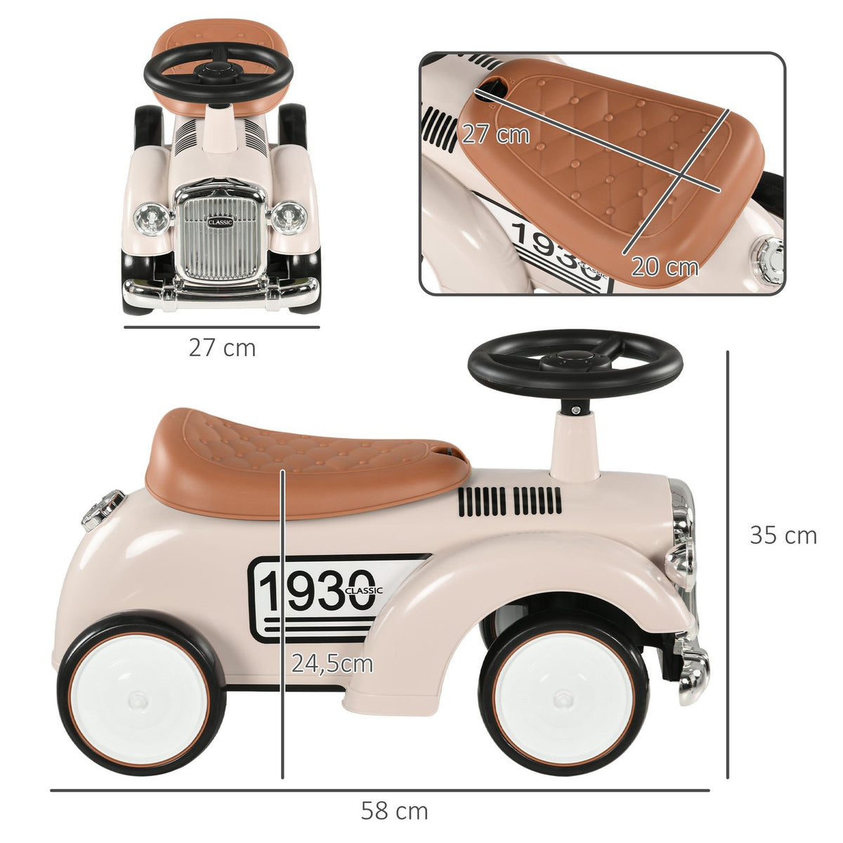 Children's ride-on car, children's vehicle with storage space, children's car, with tip protection, for 1-3 years children, cream, 58 x 27 x 35 cm
