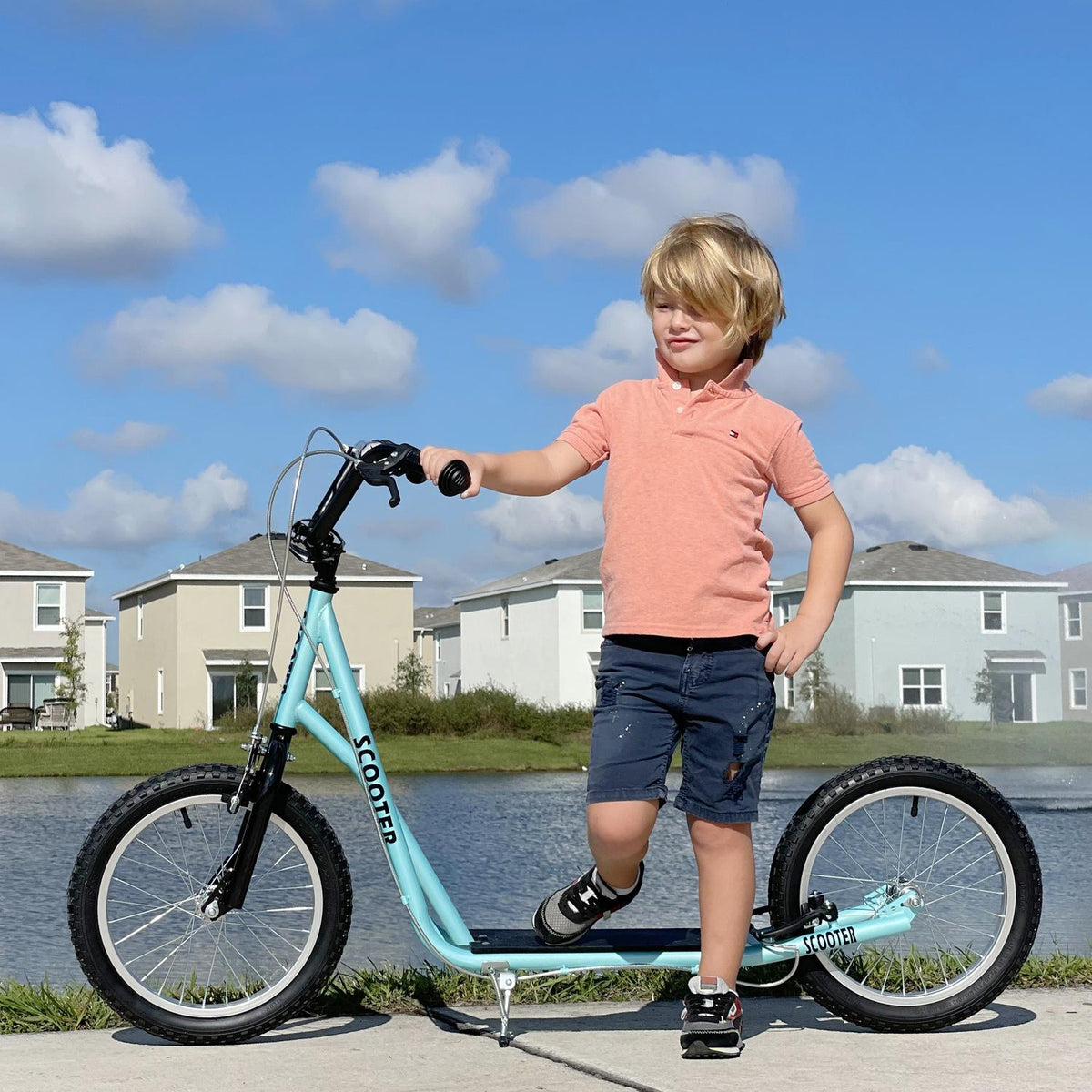 Children's scooter, foldable kick scooter with pneumatic tires and handbrake, city scooter, adventure for children aged 5 and over, 16 inches