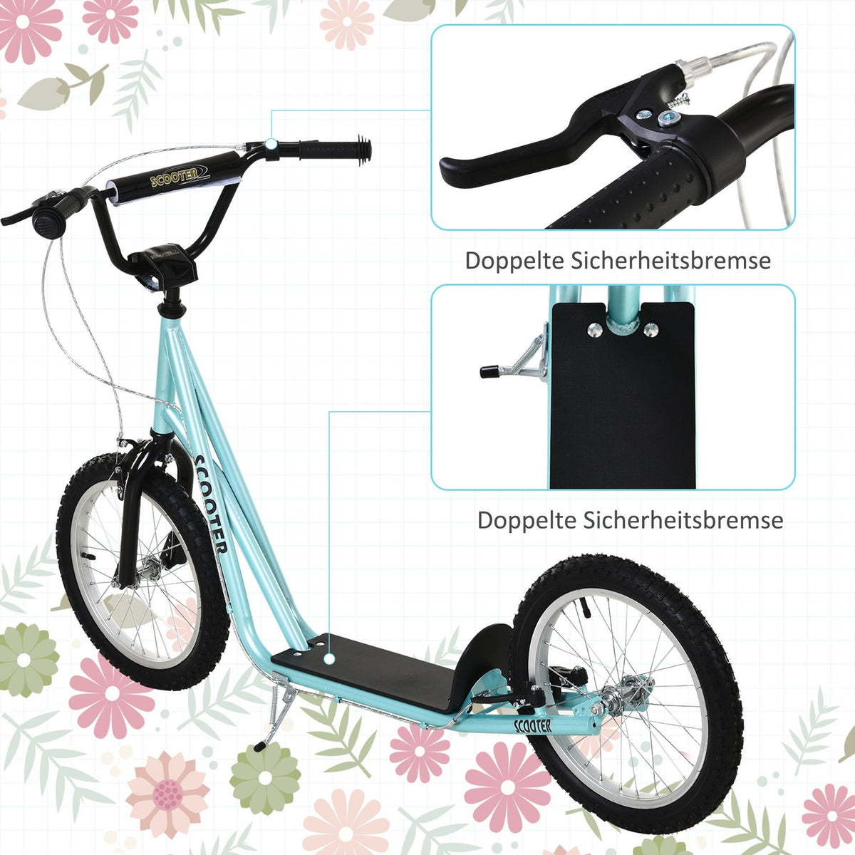 Children's scooter, foldable kick scooter with pneumatic tires and handbrake, city scooter, adventure for children aged 5 and over, 16 inches