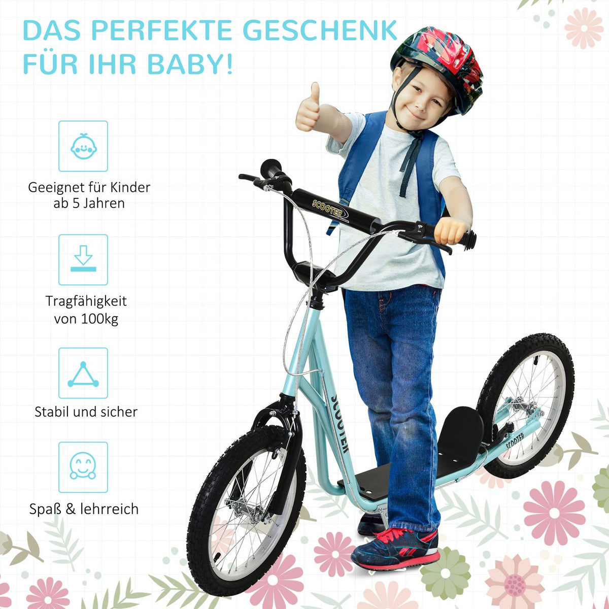 Children's scooter, foldable kick scooter with pneumatic tires and handbrake, city scooter, adventure for children aged 5 and over, 16 inches