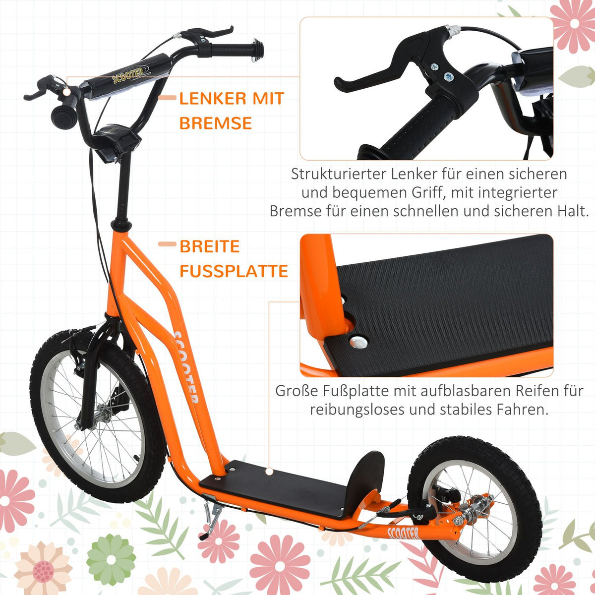 Children's scooter from 5 years, city scooter with pneumatic tires 16/12 inches, orange, 135 x 58 x 88-94 cm