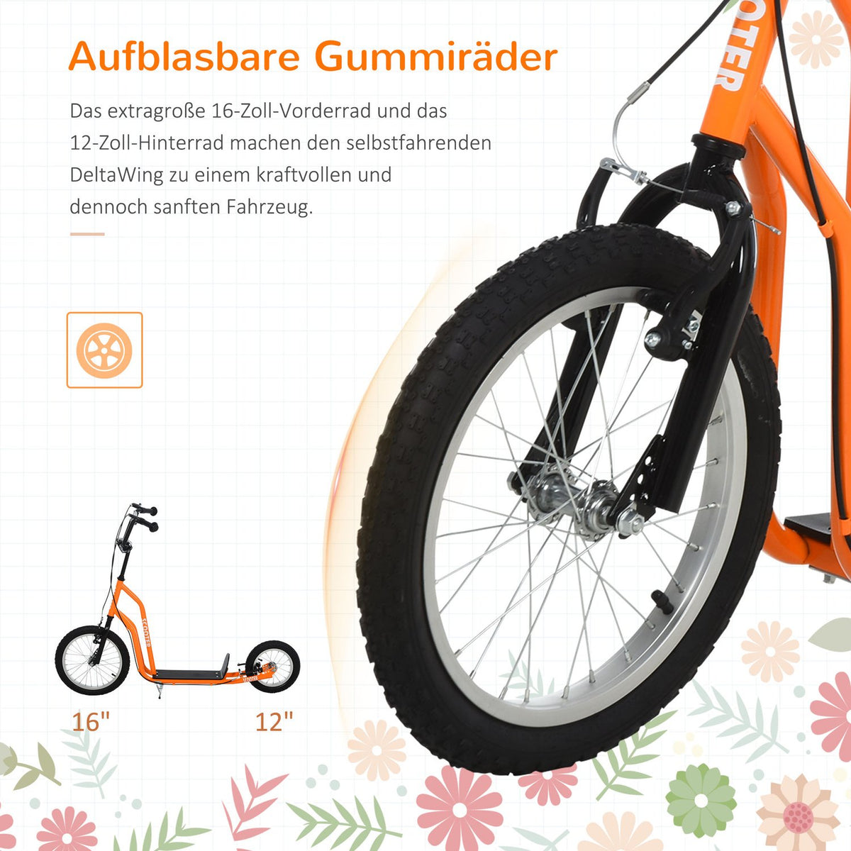 Children's scooter from 5 years, city scooter with pneumatic tires 16/12 inches, orange, 135 x 58 x 88-94 cm