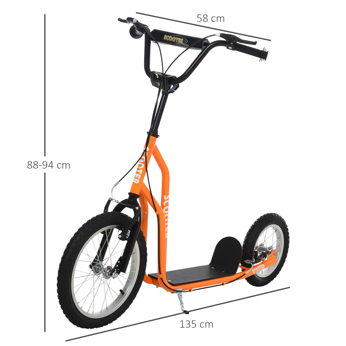 Children's scooter from 5 years, city scooter with pneumatic tires 16/12 inches, orange, 135 x 58 x 88-94 cm