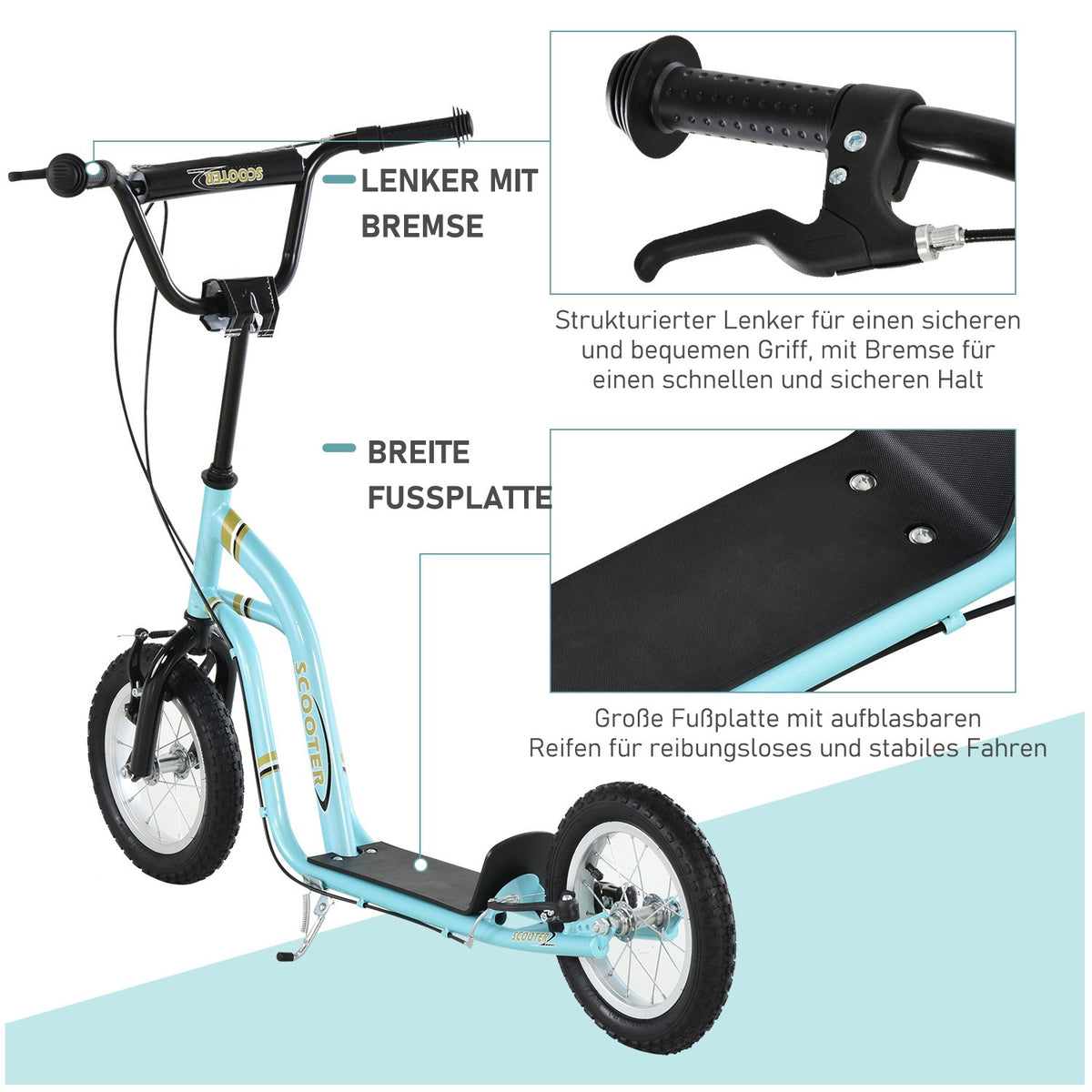 Children's scooter from 5 years, kick scooter, city scooter for children, aluminum, 120 x 58 x 85-95 cm, light blue