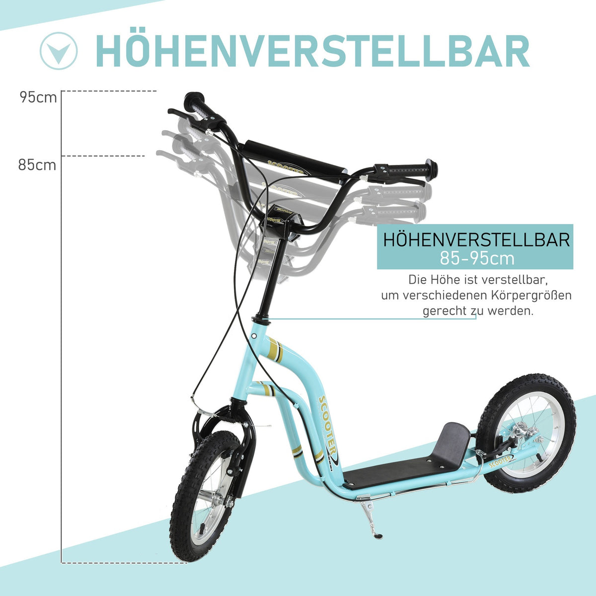 Children's scooter from 5 years, kick scooter, city scooter for children, aluminum, 120 x 58 x 85-95 cm, light blue