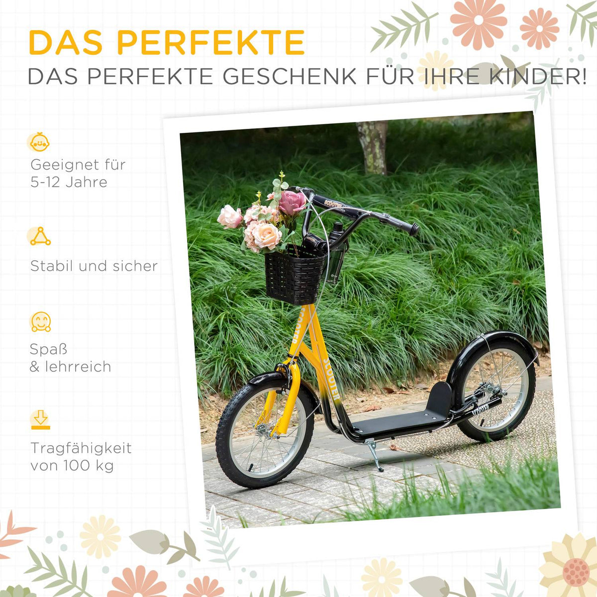 Children's scooter, height-adjustable kick scooter with large rubber wheels, 2 brakes, children's scooter with basket, cup holder, for 5-12 years