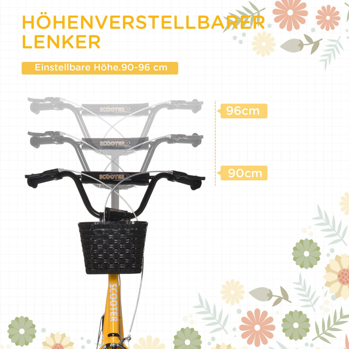 Children's scooter, height-adjustable kick scooter with large rubber wheels, 2 brakes, children's scooter with basket, cup holder, for 5-12 years