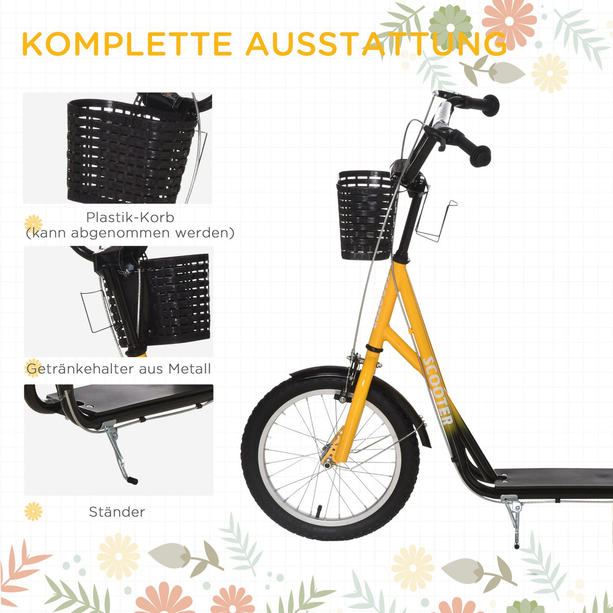 Children's scooter, height-adjustable kick scooter with large rubber wheels, 2 brakes, children's scooter with basket, cup holder, for 5-12 years