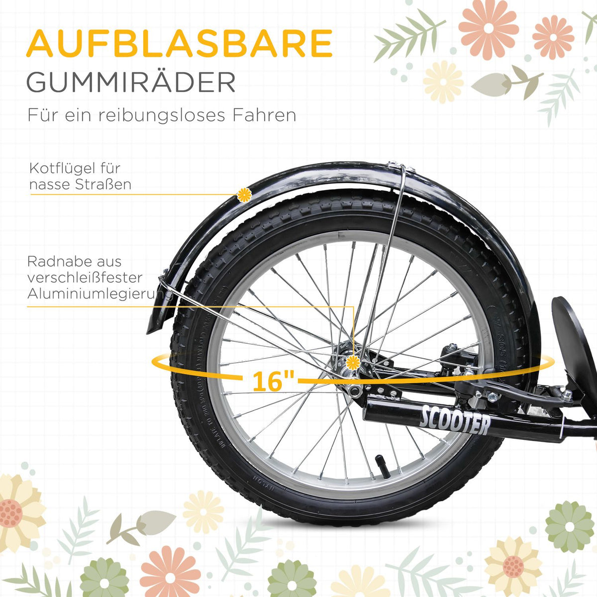Children's scooter, height-adjustable kick scooter with large rubber wheels, 2 brakes, children's scooter with basket, cup holder, for 5-12 years