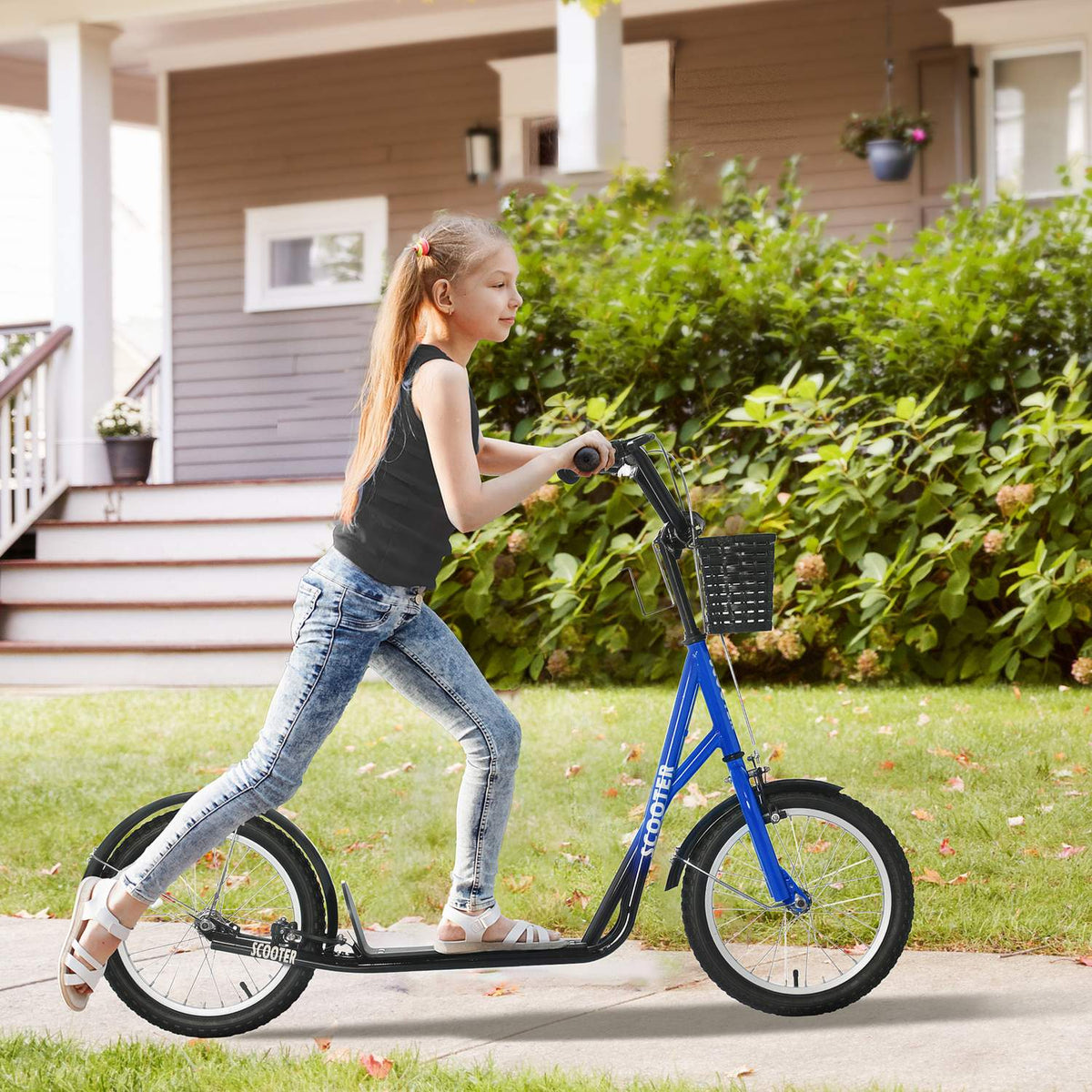 Children's scooter with brake basket height adjustable for 5-12 children scooter kickboard aluminum alloy rubber blue + black