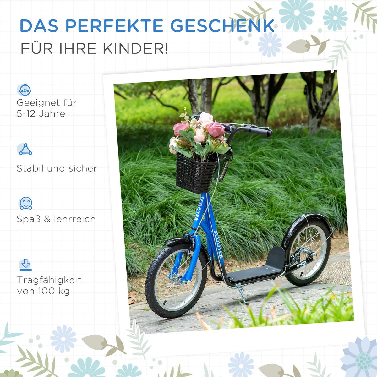 Children's scooter with brake basket height adjustable for 5-12 children scooter kickboard aluminum alloy rubber blue + black
