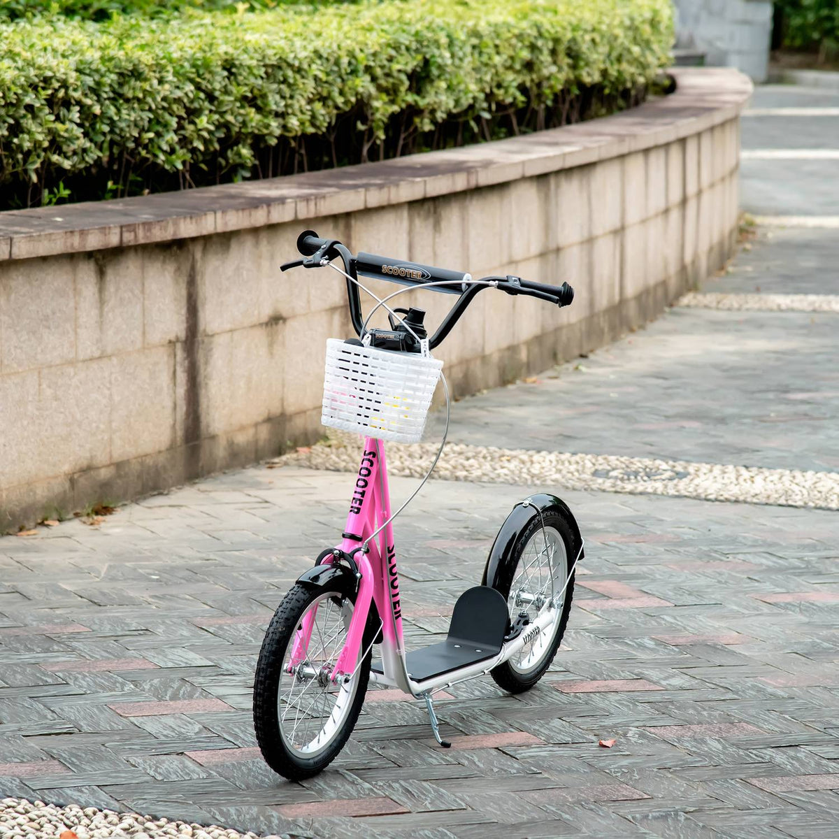 Children's scooter with brake basket, height adjustable for 5-12 children, scooter, kickboard, aluminum alloy, rubber, pink + white