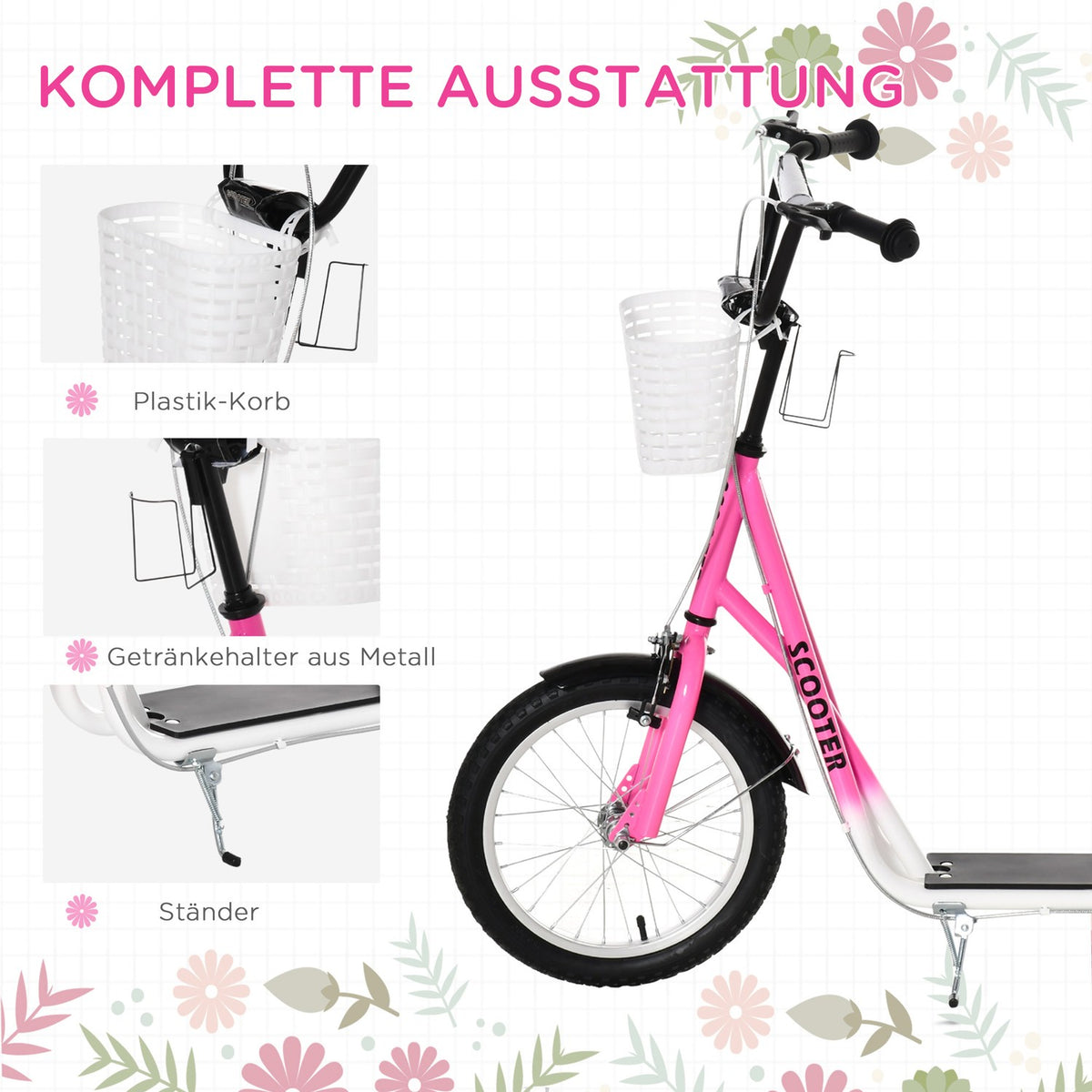 Children's scooter with brake basket, height adjustable for 5-12 children, scooter, kickboard, aluminum alloy, rubber, pink + white