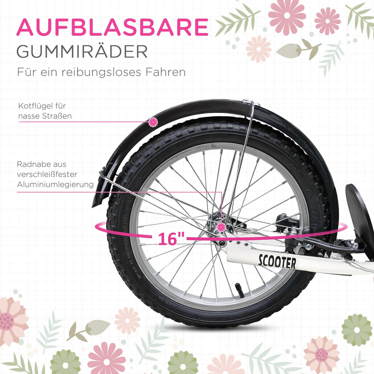 Children's scooter with brake basket, height adjustable for 5-12 children, scooter, kickboard, aluminum alloy, rubber, pink + white