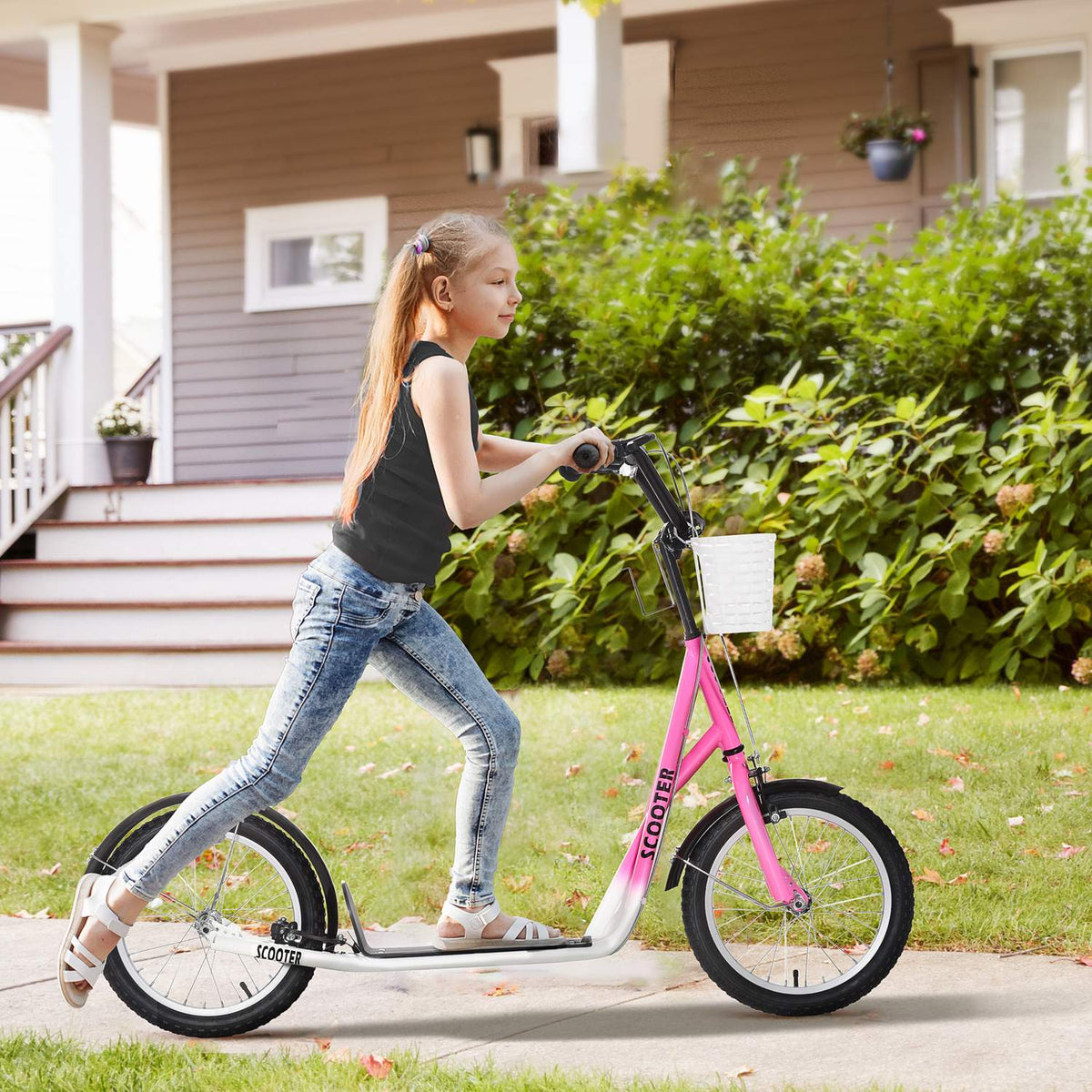 Children's scooter with brake basket, height adjustable for 5-12 children, scooter, kickboard, aluminum alloy, rubber, pink + white