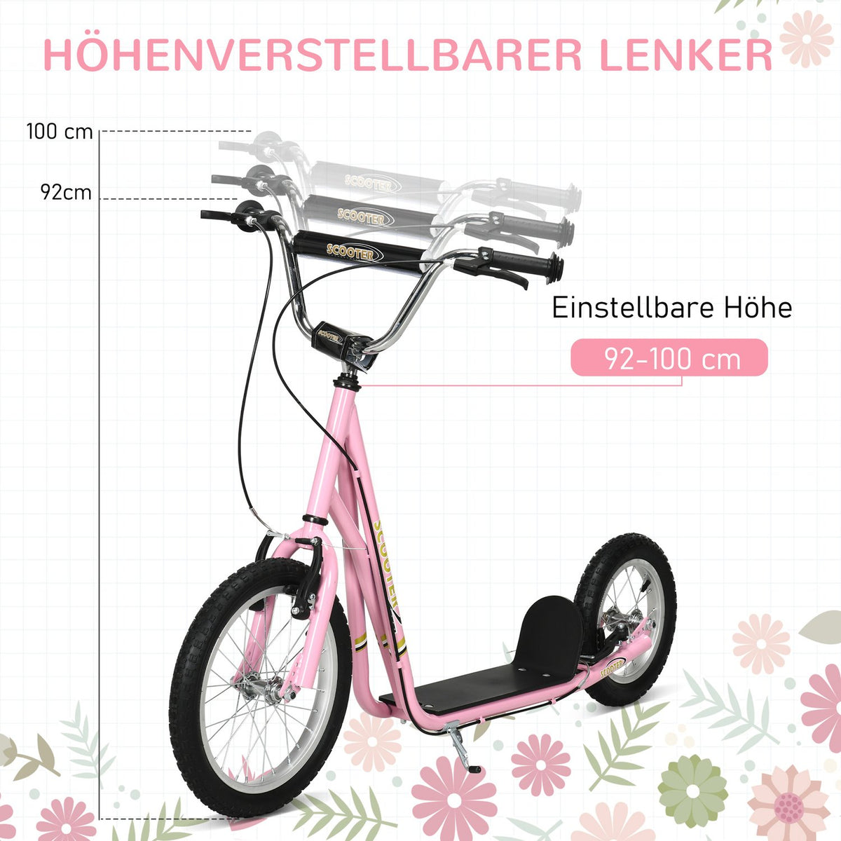 Children's scooter with brakes 16/12 inch scooter city scooter children's scooter kickboard for 5+ years children pink 135 x 58 x 92-100 cm