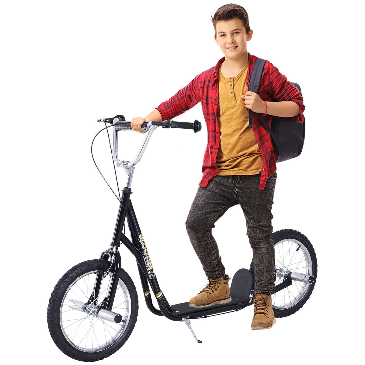 Children's scooter with pneumatic tires, kick scooter, city scooter for children, kickboard, 16 inches from 5 years, height adjustable, black