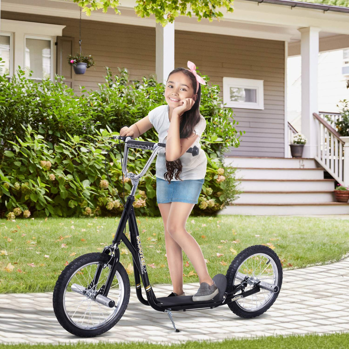 Children's scooter with pneumatic tires, kick scooter, city scooter for children, kickboard, 16 inches from 5 years, height adjustable, black