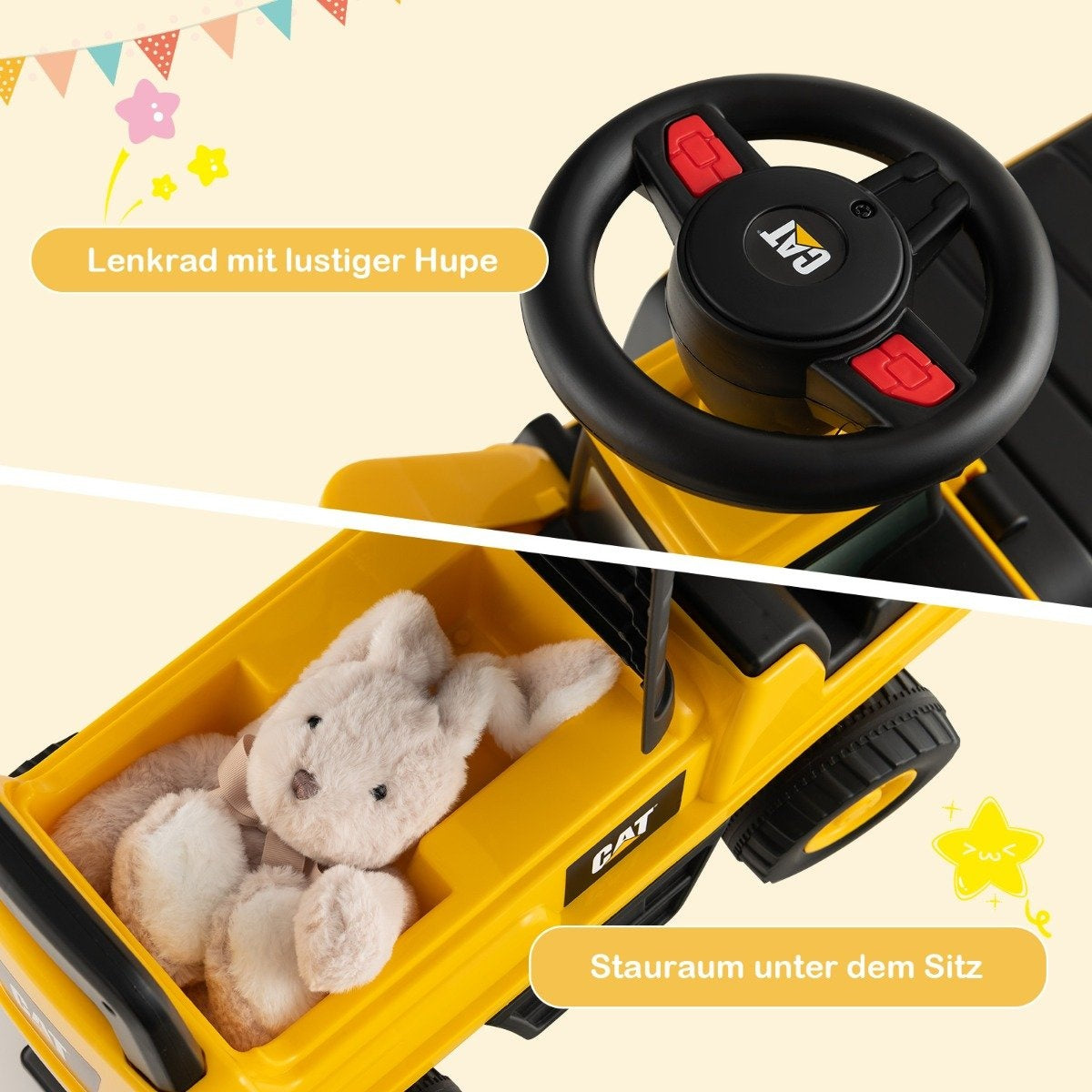 Children's seat excavator with storage space under the seat & adjustable bucket for 1-3 year olds