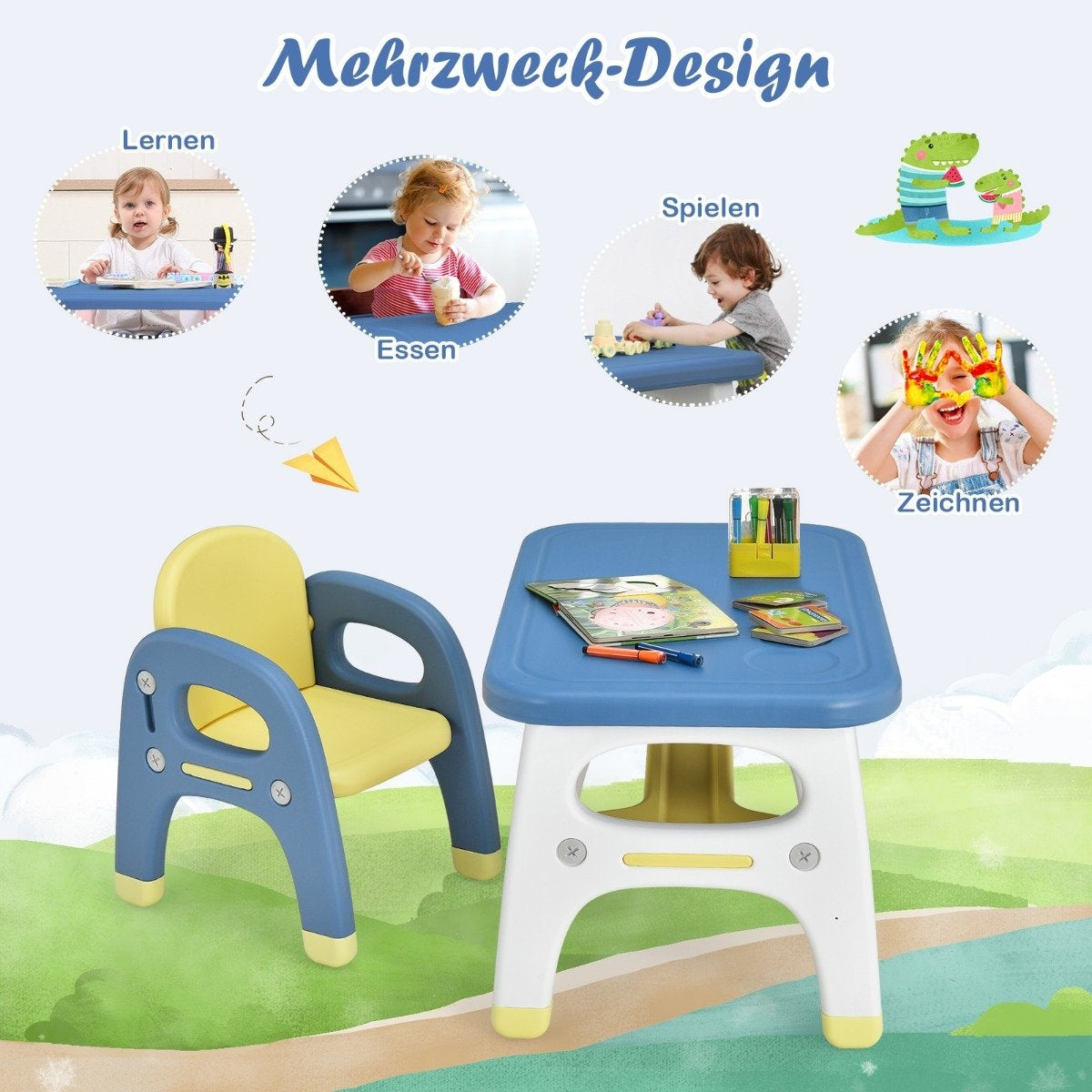Children's seating group with dinosaur design including building blocks made of HDPE for children over 3 years old. Blue