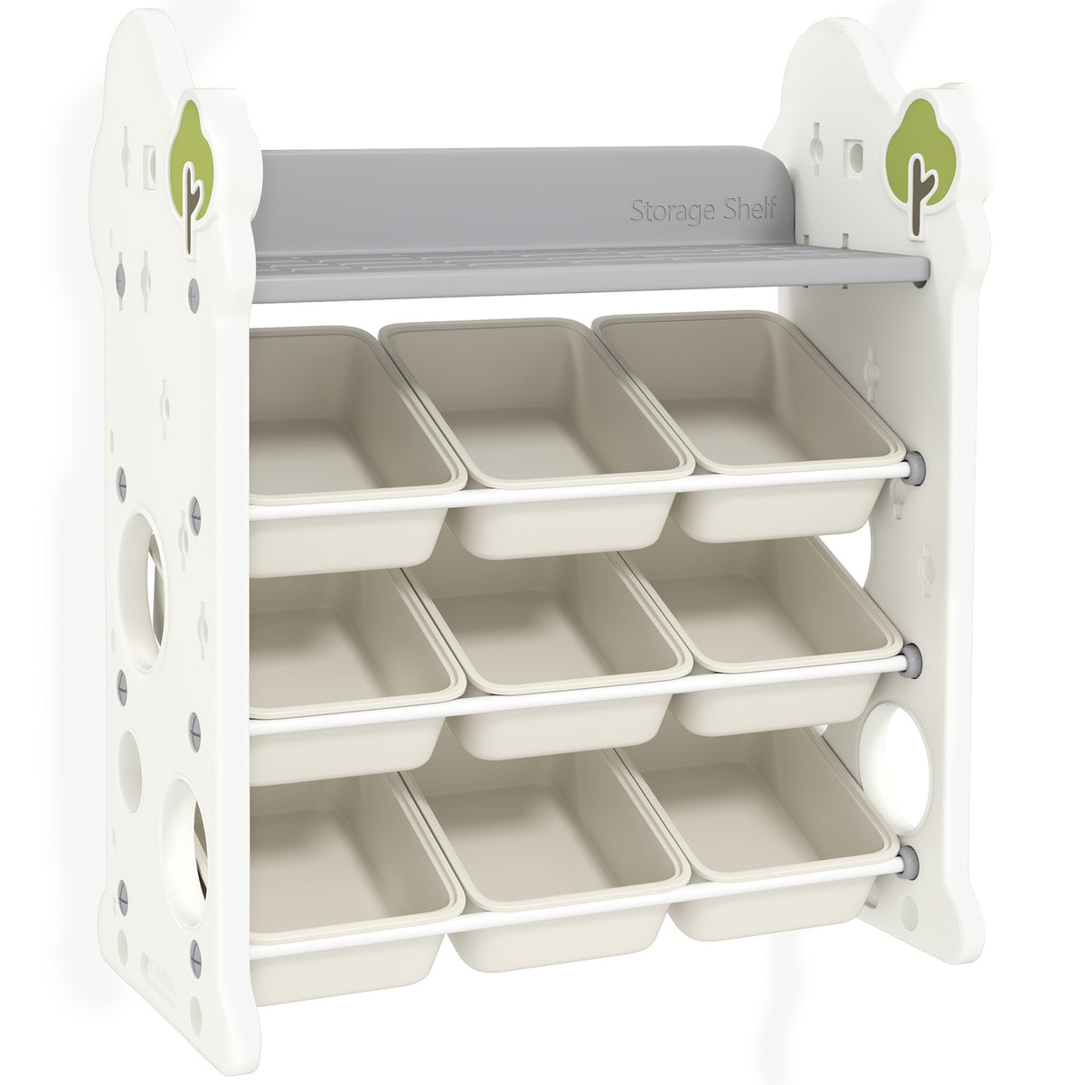 Children's shelf 4-tier toy shelf with 9 removable boxes, shelf, hooks, children's room shelf for kindergarten, playroom, 77 x 42 x 94 cm, cream white