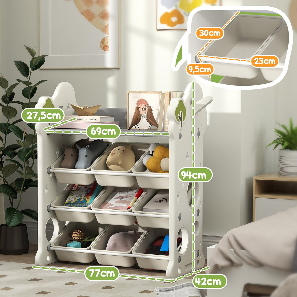 Children's shelf 4-tier toy shelf with 9 removable boxes, shelf, hooks, children's room shelf for kindergarten, playroom, 77 x 42 x 94 cm, cream white