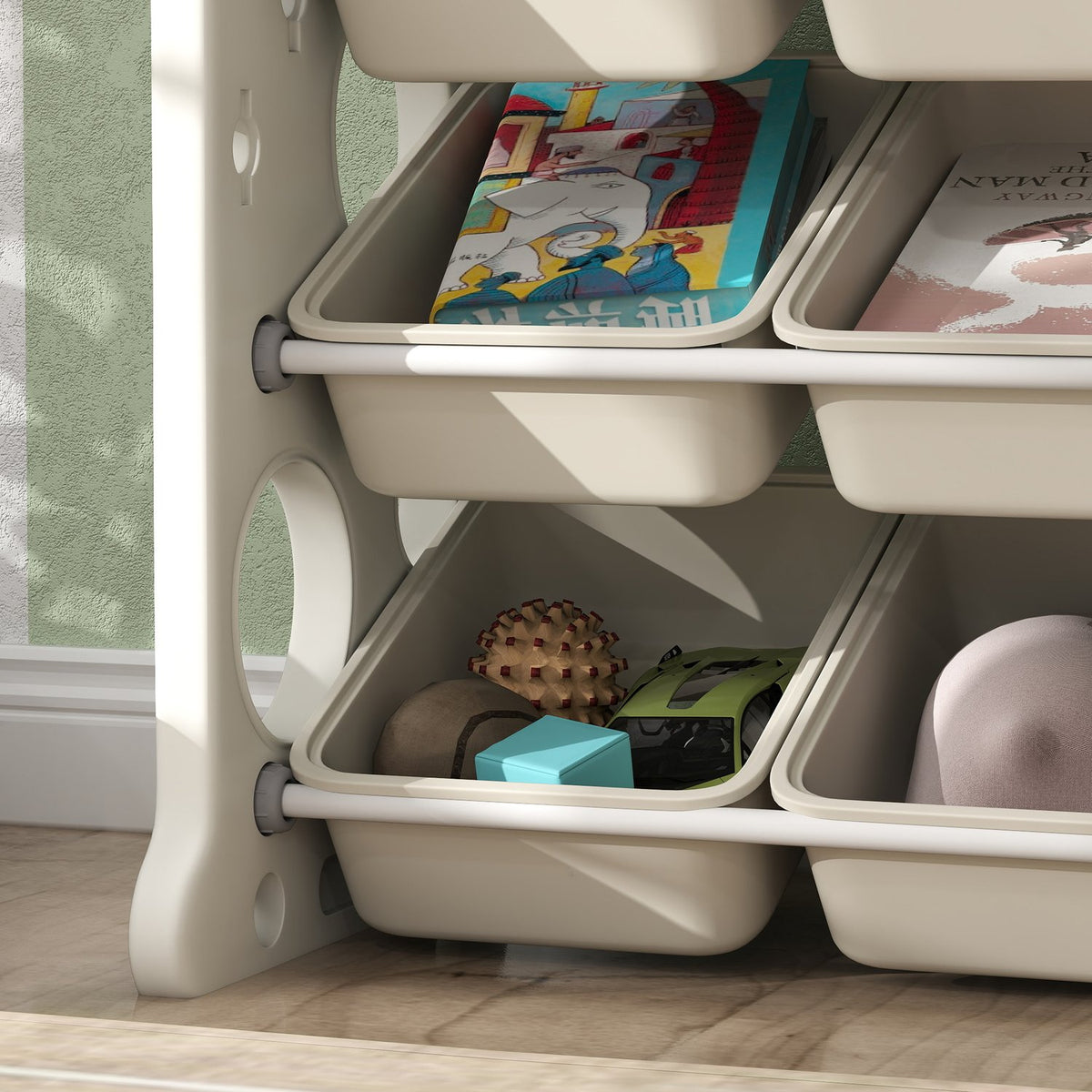 Children's shelf 4-tier toy shelf with 9 removable boxes, shelf, hooks, children's room shelf for kindergarten, playroom, 77 x 42 x 94 cm, cream white