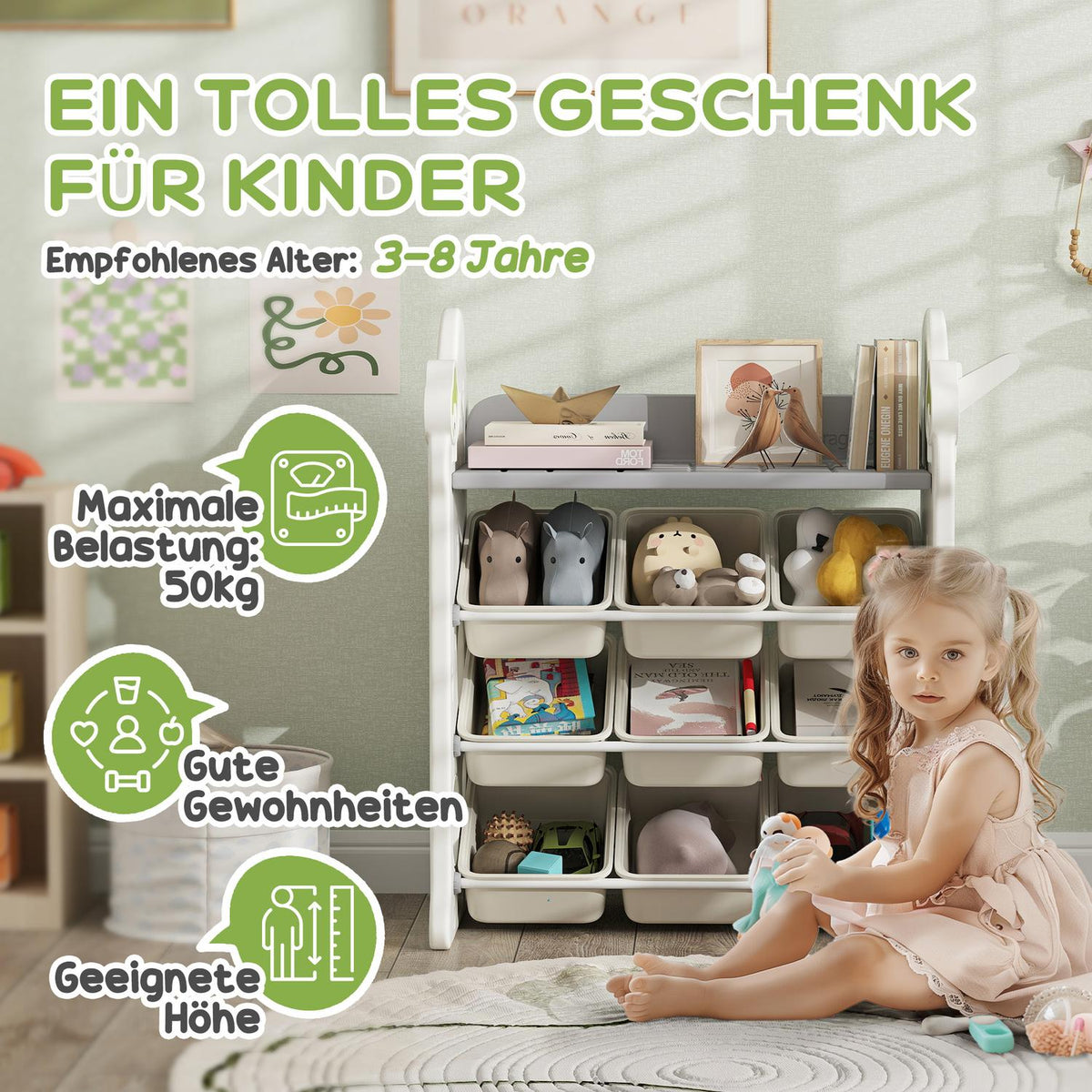 Children's shelf 4-tier toy shelf with 9 removable boxes, shelf, hooks, children's room shelf for kindergarten, playroom, 77 x 42 x 94 cm, cream white