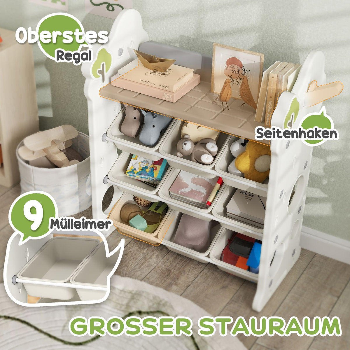 Children's shelf 4-tier toy shelf with 9 removable boxes, shelf, hooks, children's room shelf for kindergarten, playroom, 77 x 42 x 94 cm, cream white