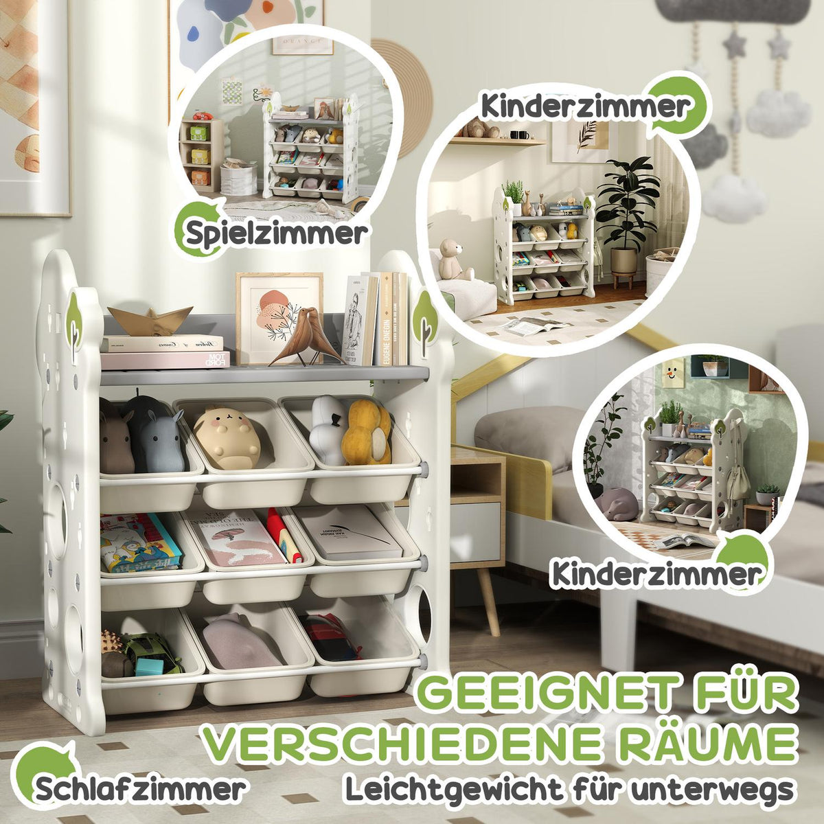 Children's shelf 4-tier toy shelf with 9 removable boxes, shelf, hooks, children's room shelf for kindergarten, playroom, 77 x 42 x 94 cm, cream white