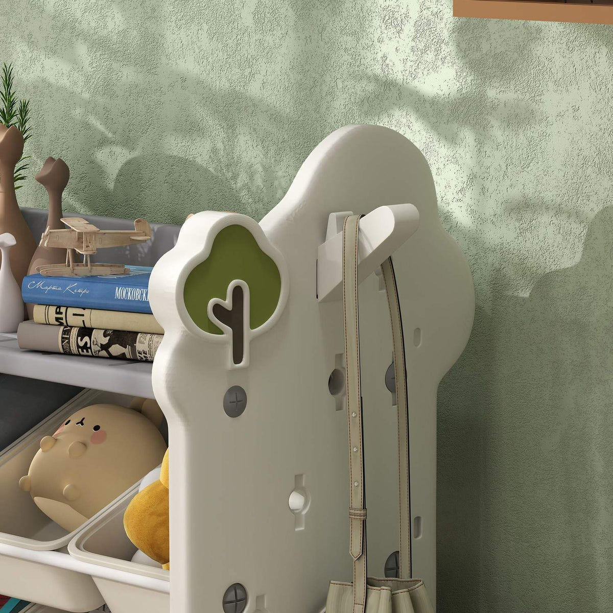 Children's shelf 4-tier toy shelf with 9 removable boxes, shelf, hooks, children's room shelf for kindergarten, playroom, 77 x 42 x 94 cm, cream white