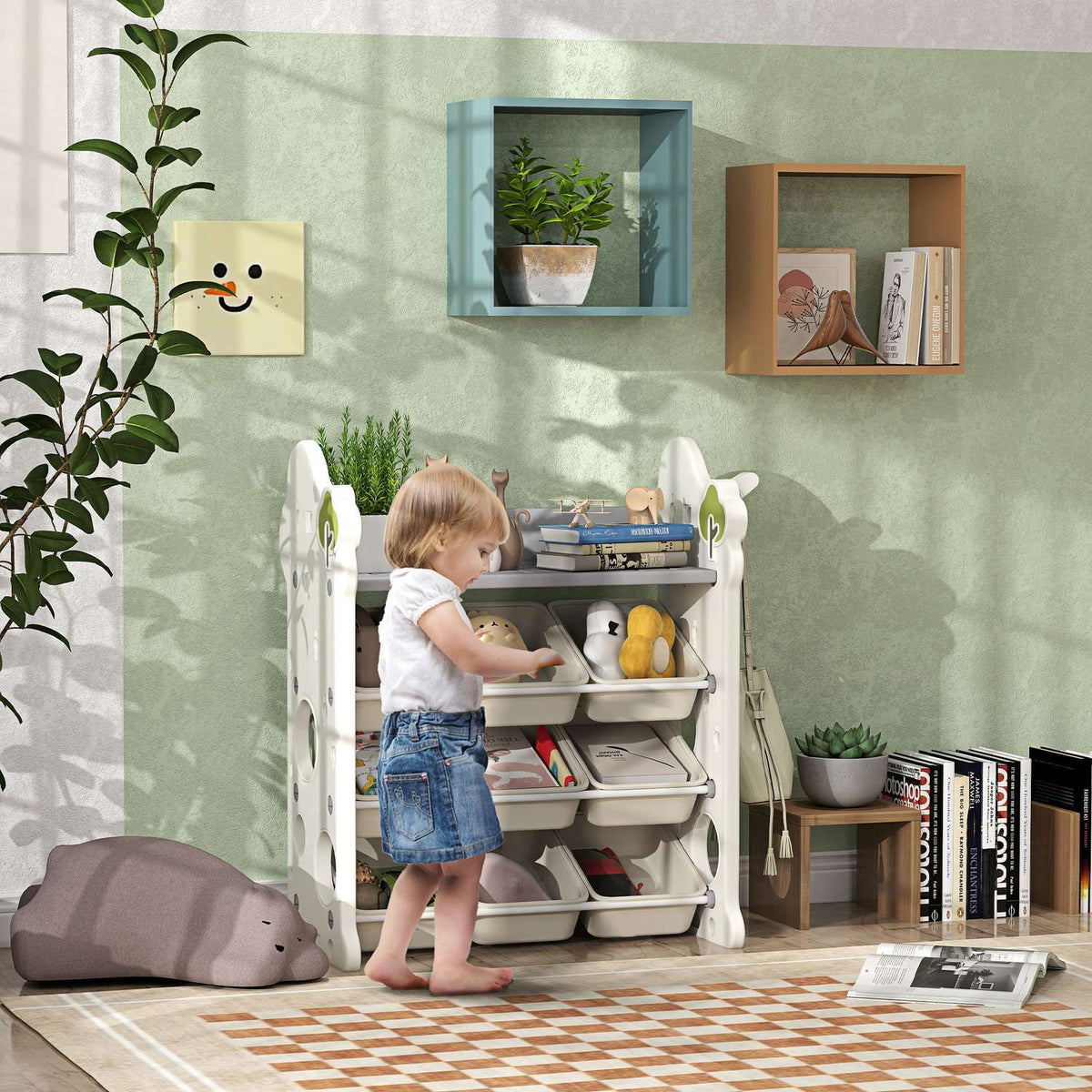 Children's shelf 4-tier toy shelf with 9 removable boxes, shelf, hooks, children's room shelf for kindergarten, playroom, 77 x 42 x 94 cm, cream white