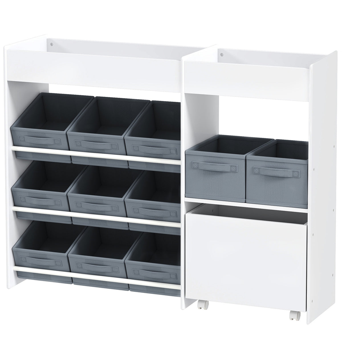 Children's shelf toy shelf with 11 fabric boxes, top compartments, 3 stickers, children's bookcase with cupboard compartment for children's room, kindergarten, 105 x 30 x 80 cm, white