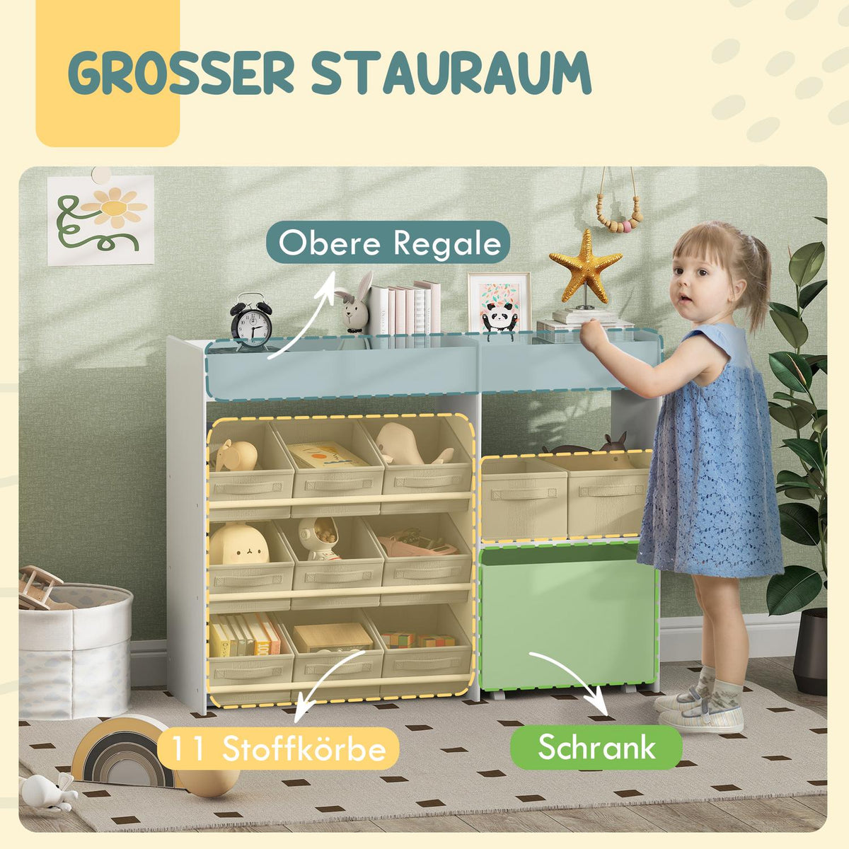 Children's shelf toy shelf with 11 fabric boxes, top compartments, 3 stickers, children's bookcase with cupboard compartment for children's room, kindergarten, 105 x 30 x 80 cm, white
