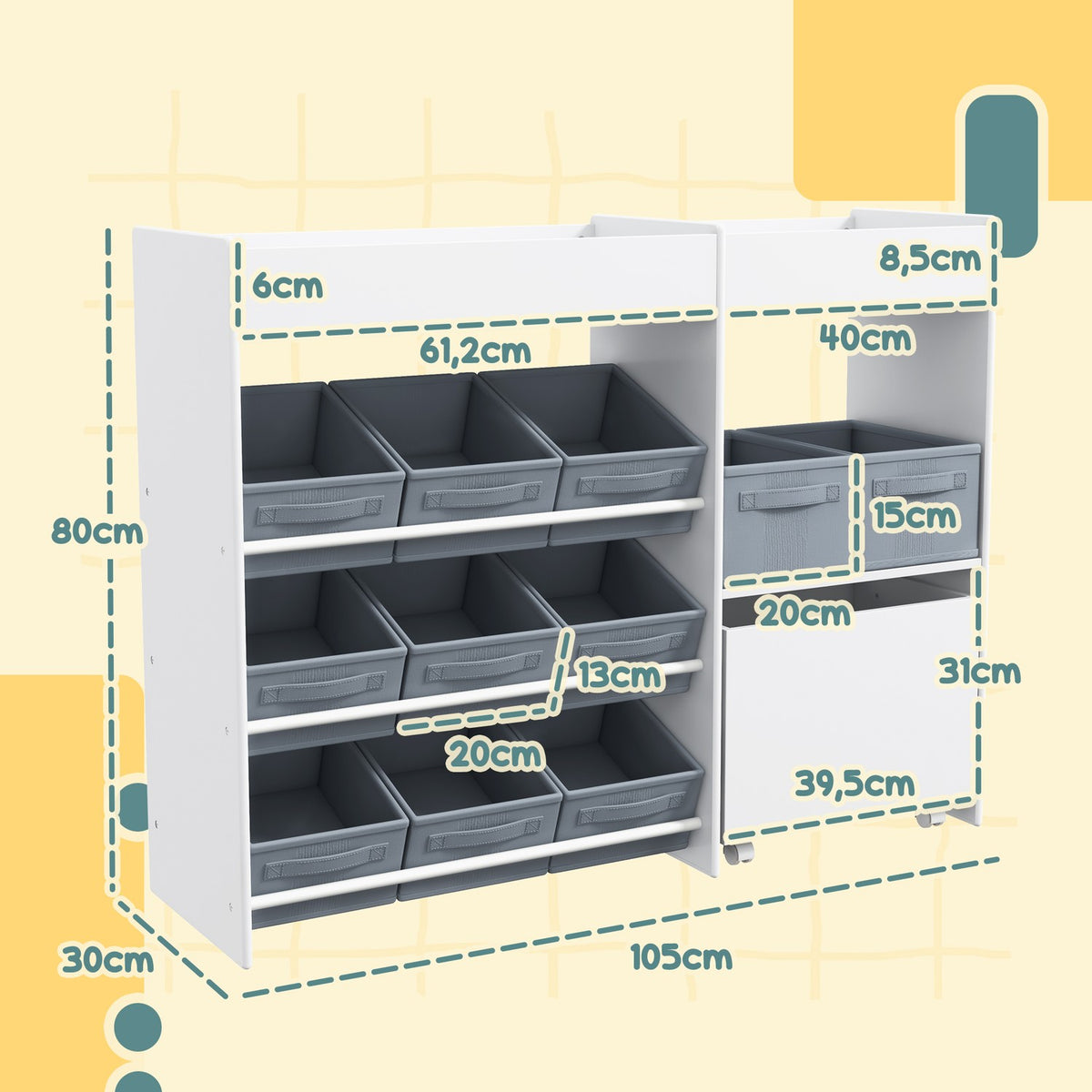 Children's shelf toy shelf with 11 fabric boxes, top compartments, 3 stickers, children's bookcase with cupboard compartment for children's room, kindergarten, 105 x 30 x 80 cm, white