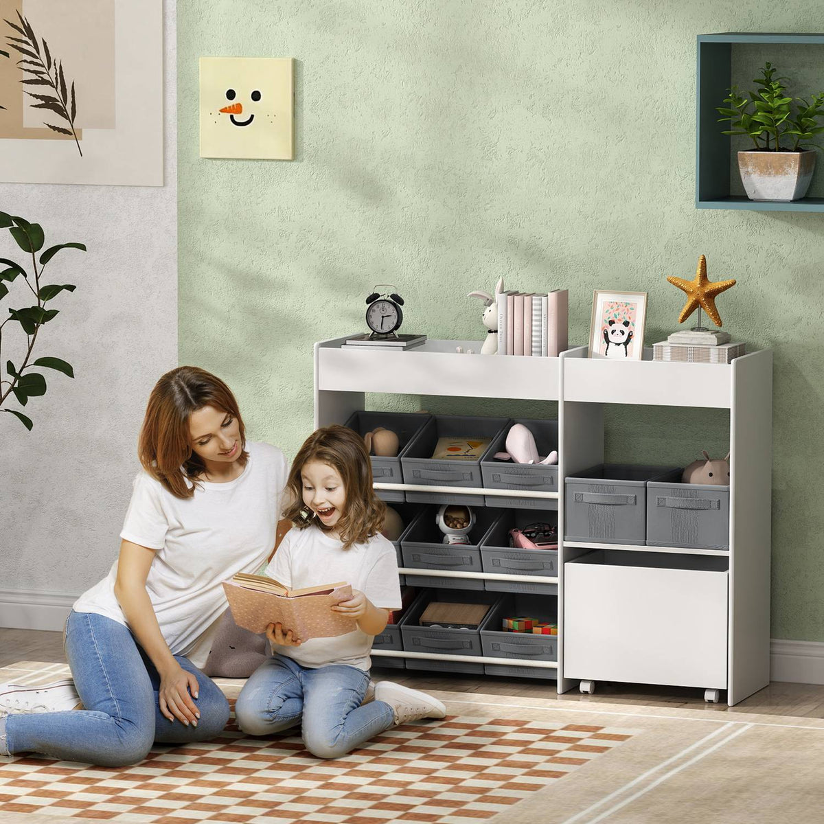 Children's shelf toy shelf with 11 fabric boxes, top compartments, 3 stickers, children's bookcase with cupboard compartment for children's room, kindergarten, 105 x 30 x 80 cm, white
