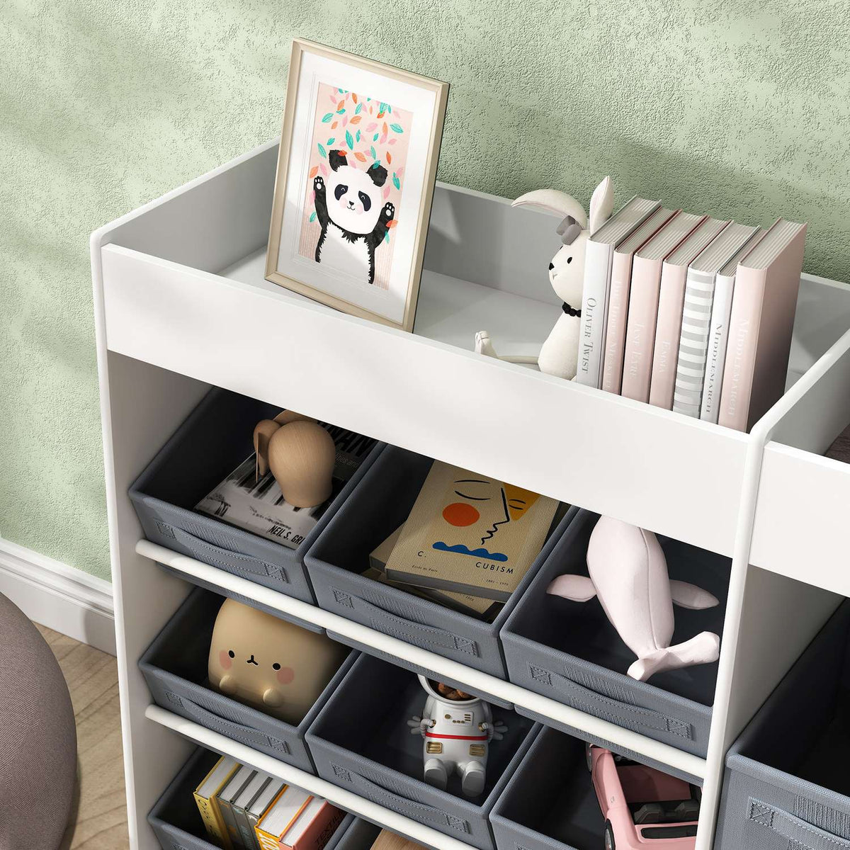 Children's shelf toy shelf with 11 fabric boxes, top compartments, 3 stickers, children's bookcase with cupboard compartment for children's room, kindergarten, 105 x 30 x 80 cm, white