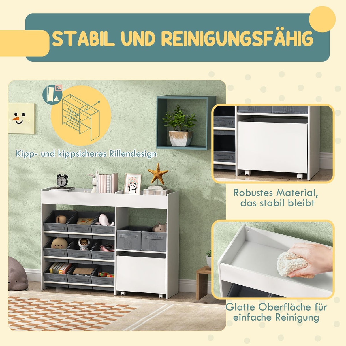 Children's shelf toy shelf with 11 fabric boxes, top compartments, 3 stickers, children's bookcase with cupboard compartment for children's room, kindergarten, 105 x 30 x 80 cm, white