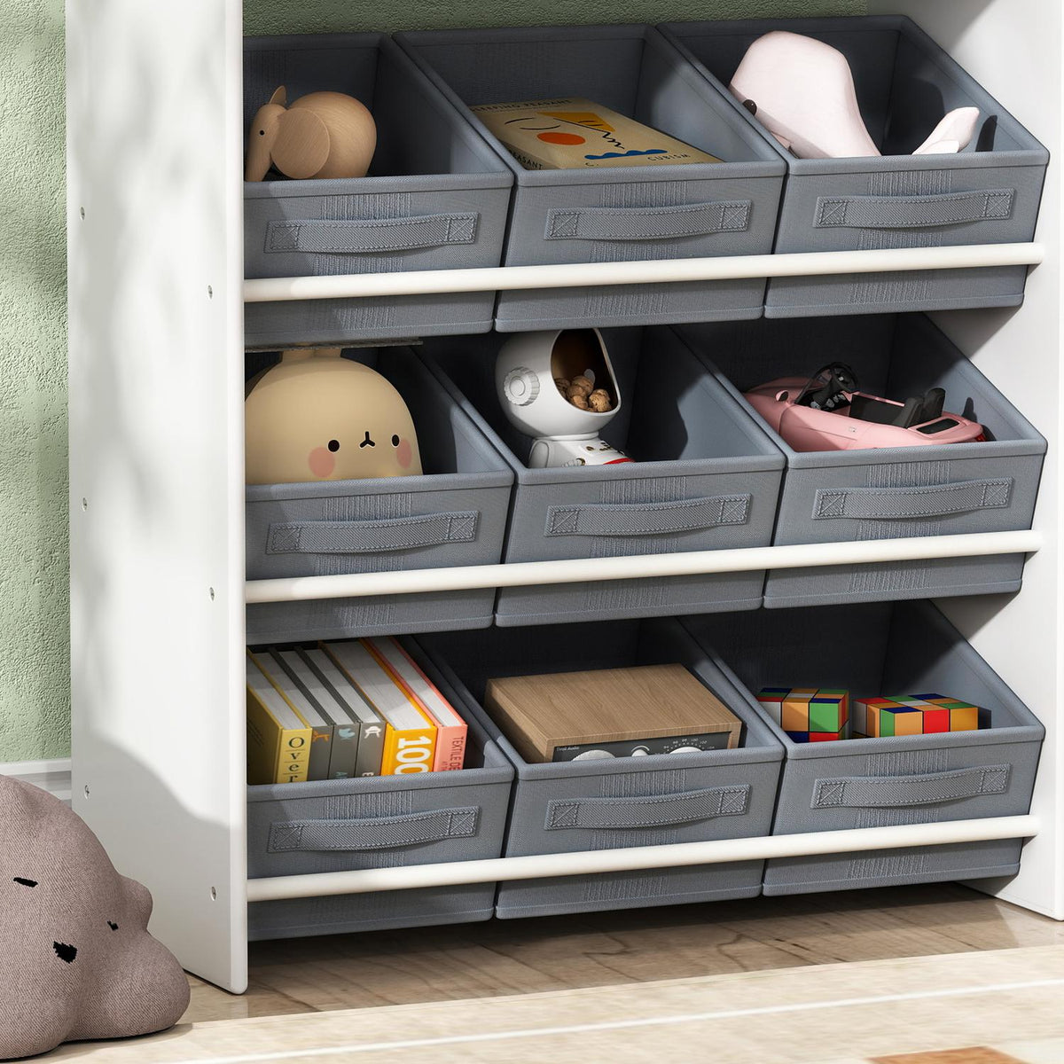 Children's shelf toy shelf with 11 fabric boxes, top compartments, 3 stickers, children's bookcase with cupboard compartment for children's room, kindergarten, 105 x 30 x 80 cm, white