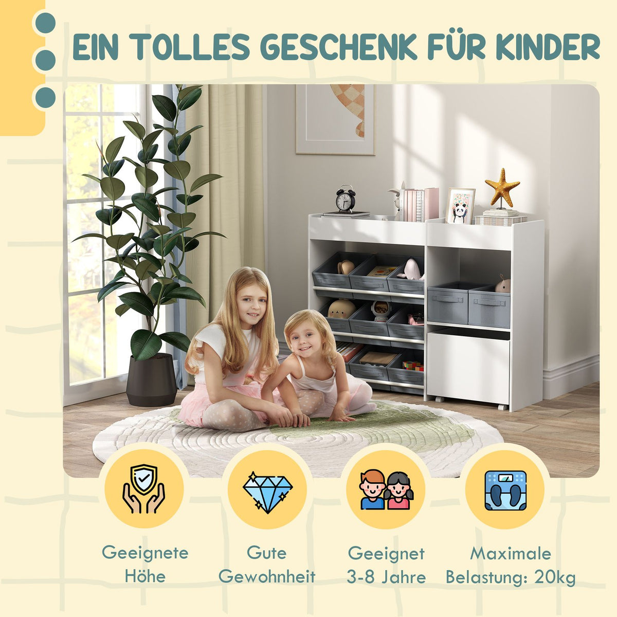 Children's shelf toy shelf with 11 fabric boxes, top compartments, 3 stickers, children's bookcase with cupboard compartment for children's room, kindergarten, 105 x 30 x 80 cm, white