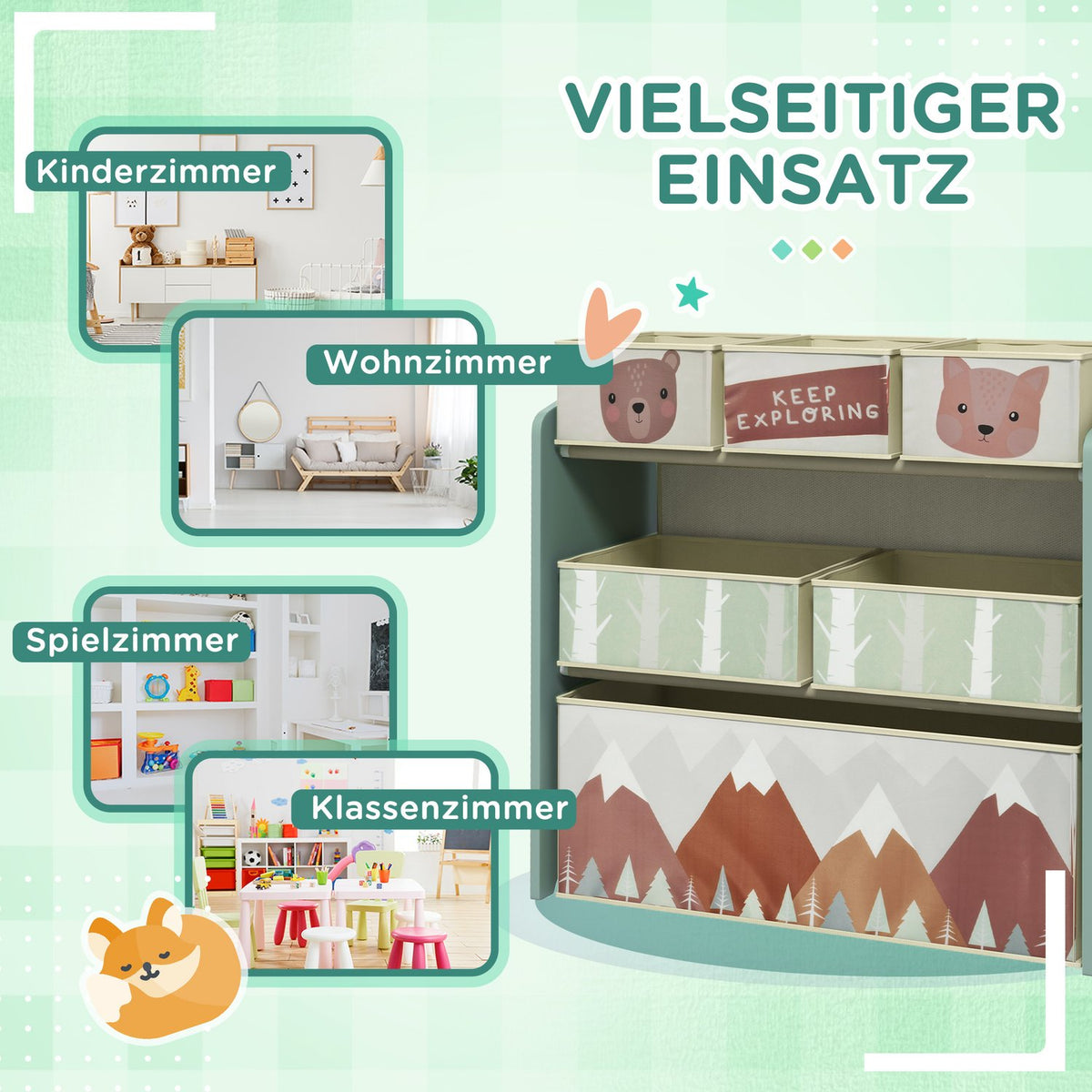 Children's shelf toy shelf with 6 removable boxes made of non-woven fabric, children's room shelf for playroom, kindergarten, 63 x 30 x 66 cm, green