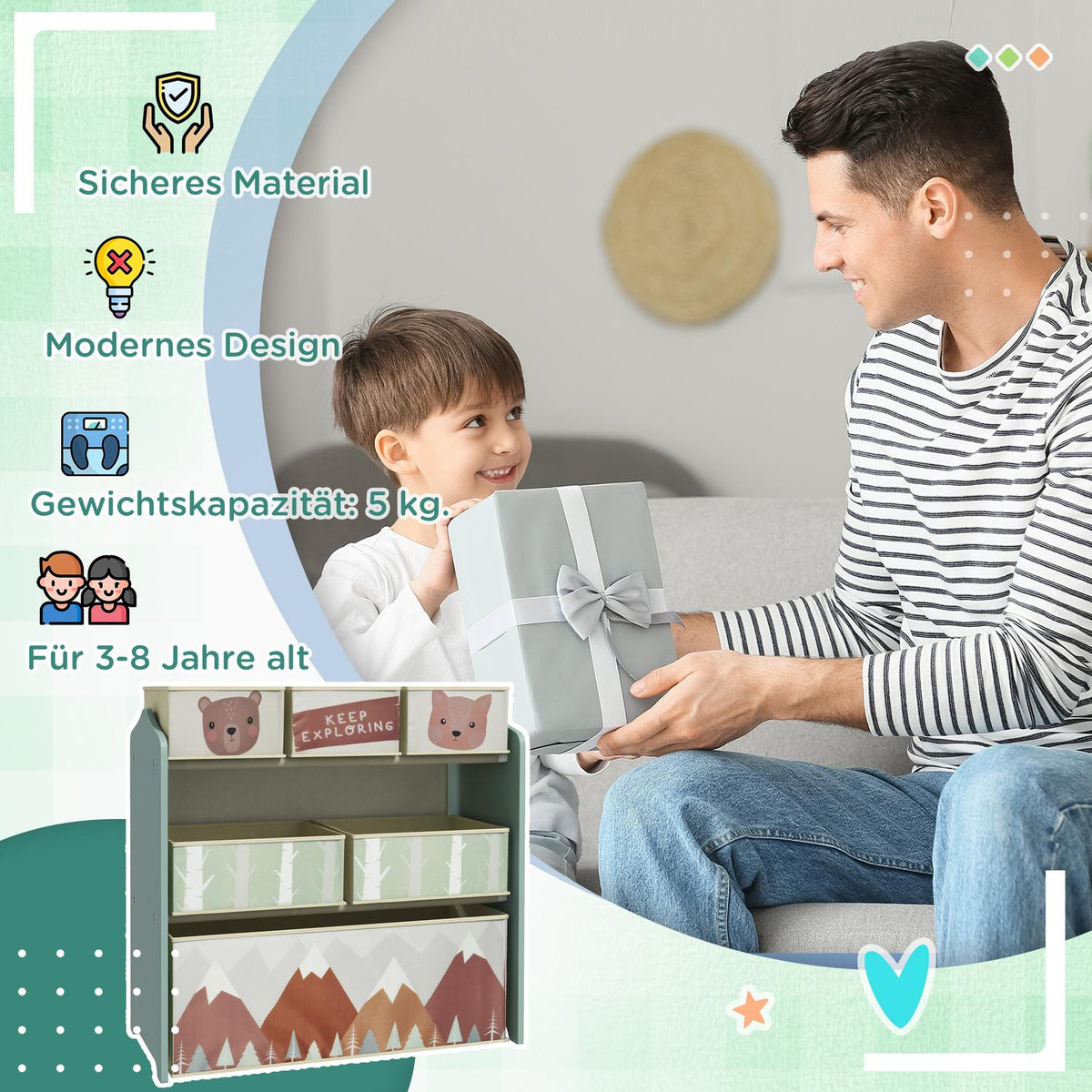 Children's shelf toy shelf with 6 removable boxes made of non-woven fabric, children's room shelf for playroom, kindergarten, 63 x 30 x 66 cm, green