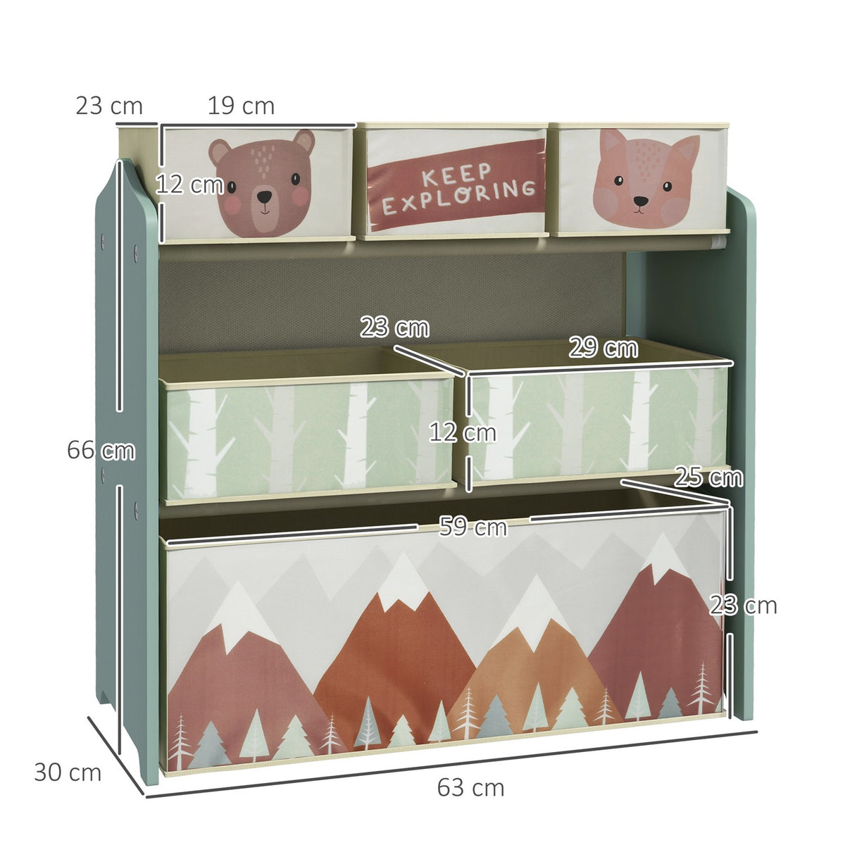 Children's shelf toy shelf with 6 removable boxes made of non-woven fabric, children's room shelf for playroom, kindergarten, 63 x 30 x 66 cm, green