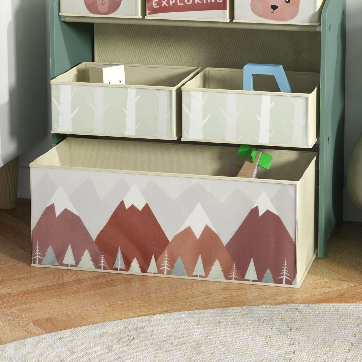 Children's shelf toy shelf with 6 removable boxes made of non-woven fabric, children's room shelf for playroom, kindergarten, 63 x 30 x 66 cm, green