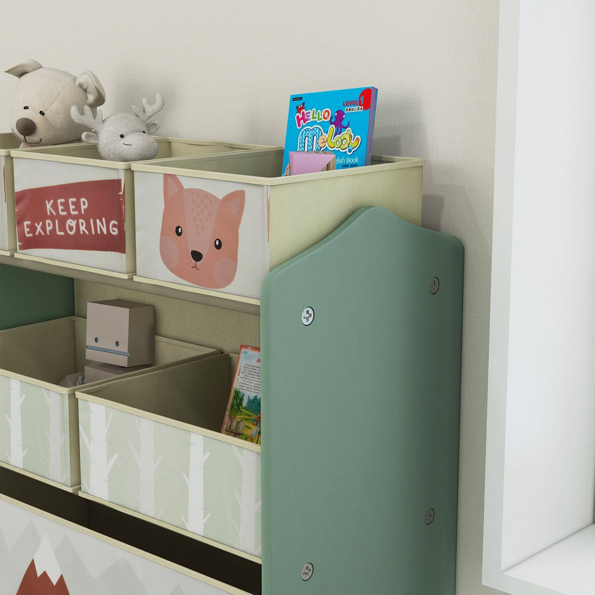 Children's shelf toy shelf with 6 removable boxes made of non-woven fabric, children's room shelf for playroom, kindergarten, 63 x 30 x 66 cm, green