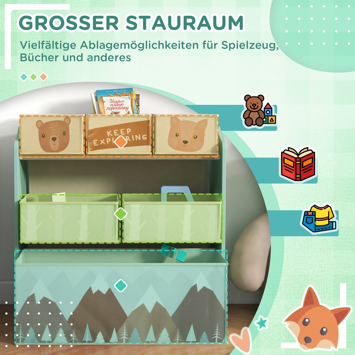 Children's shelf toy shelf with 6 removable boxes made of non-woven fabric, children's room shelf for playroom, kindergarten, 63 x 30 x 66 cm, green