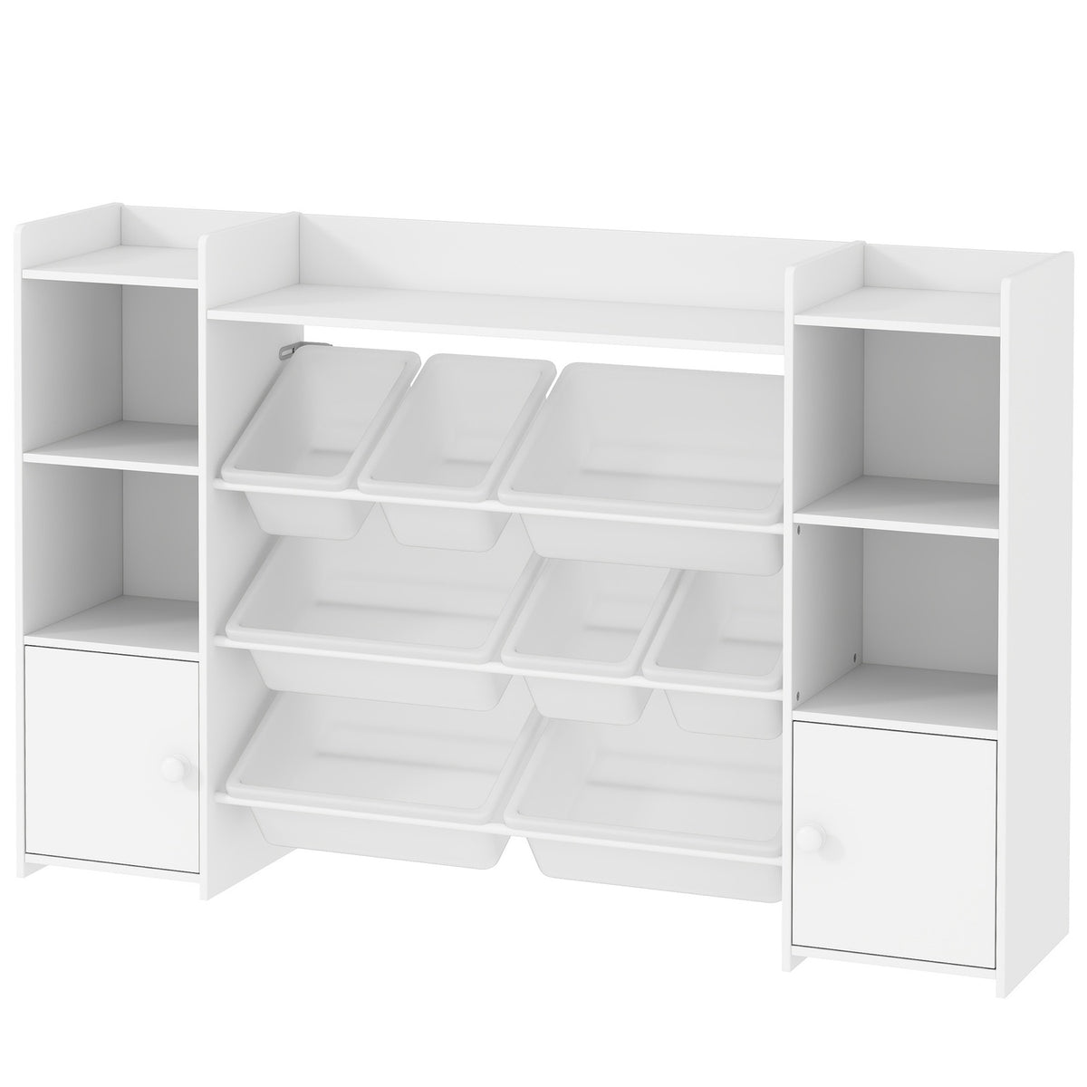 Children's shelf toy shelf with 8 removable boxes, 4 open compartments, 2 cupboard compartments, children's bookcase for children's rooms, kindergarten, 140 x 30 x 90 cm, white