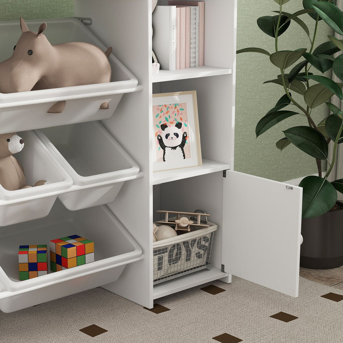 Children's shelf toy shelf with 8 removable boxes, 4 open compartments, 2 cupboard compartments, children's bookcase for children's rooms, kindergarten, 140 x 30 x 90 cm, white