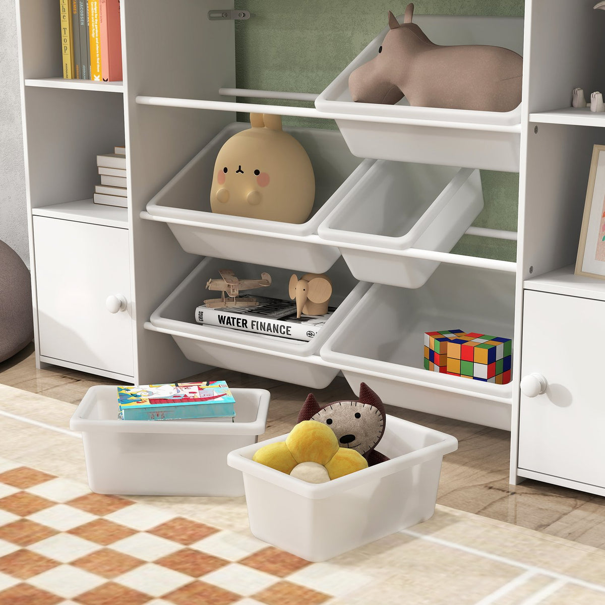 Children's shelf toy shelf with 8 removable boxes, 4 open compartments, 2 cupboard compartments, children's bookcase for children's rooms, kindergarten, 140 x 30 x 90 cm, white